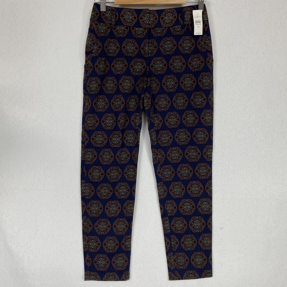 LOFT Women 00 Julie Crop Pants Navy Medallion Ankle Slacks Business Retro